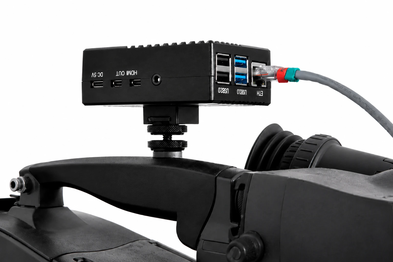 IP node host mounted on a broadcast camera with an Ethernet cable connected