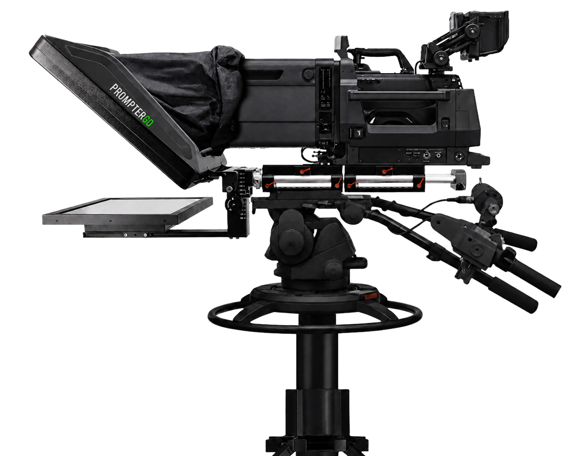 PROMPTERGO Studio Ultra teleprompter mounted on a broadcast camera and pedestal