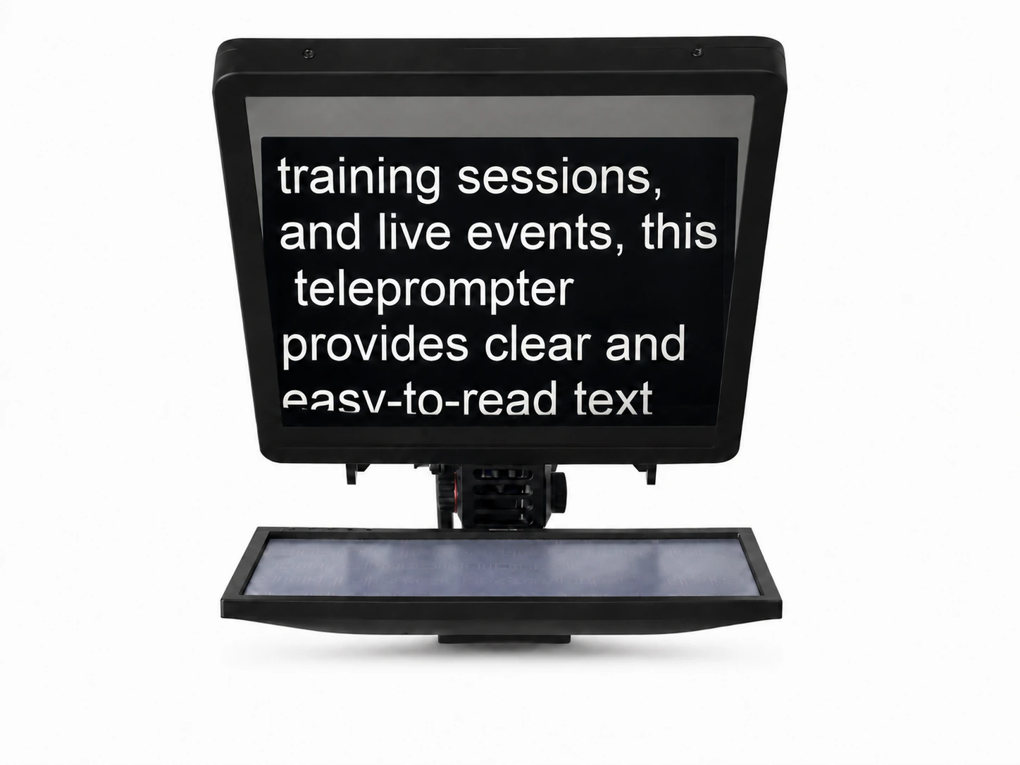 Front view of the Jib Crane Teleprompter showing a large, clearly readable English script
