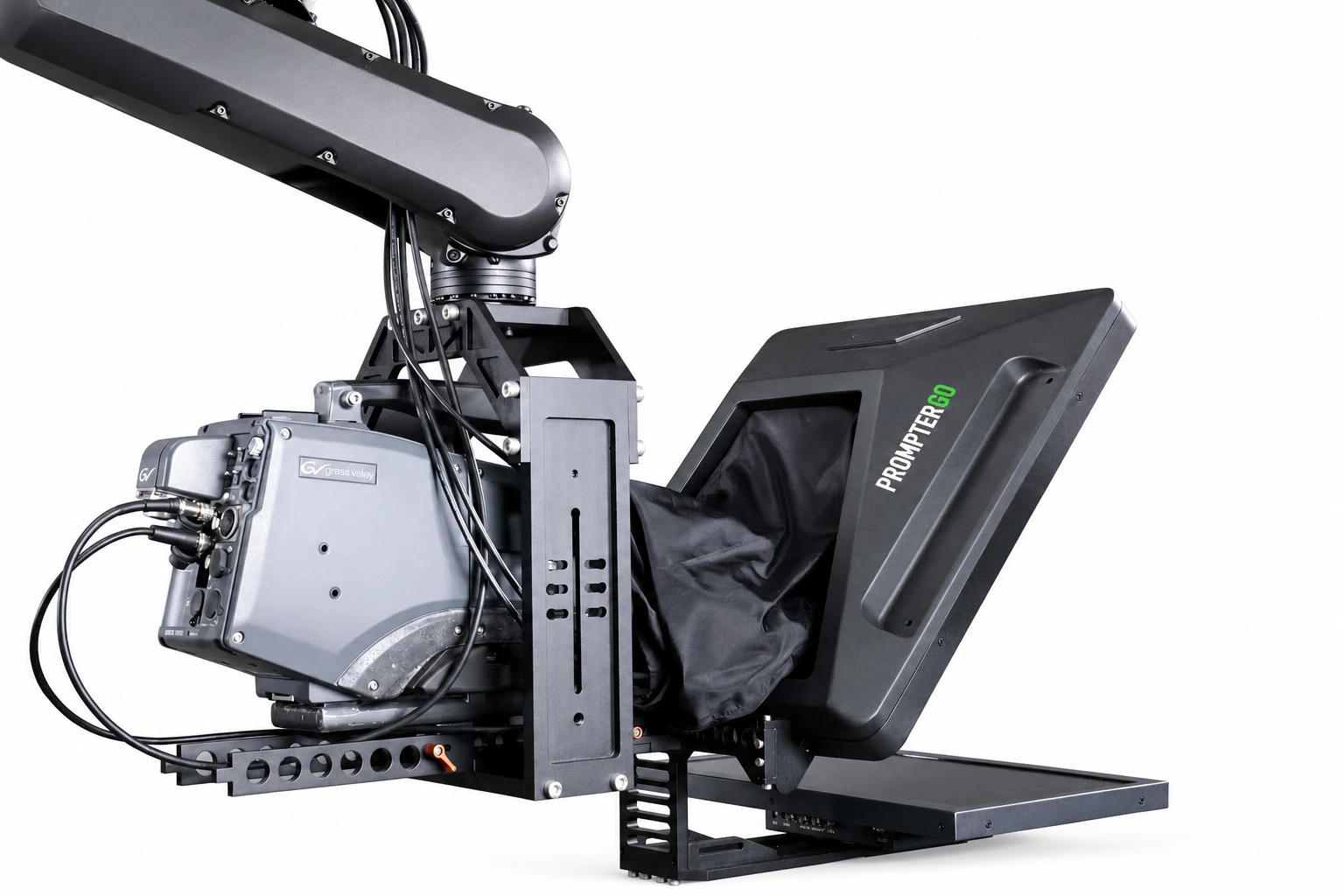 PROMPTERGO Jib Crane Teleprompter mounted beneath a robotic camera arm