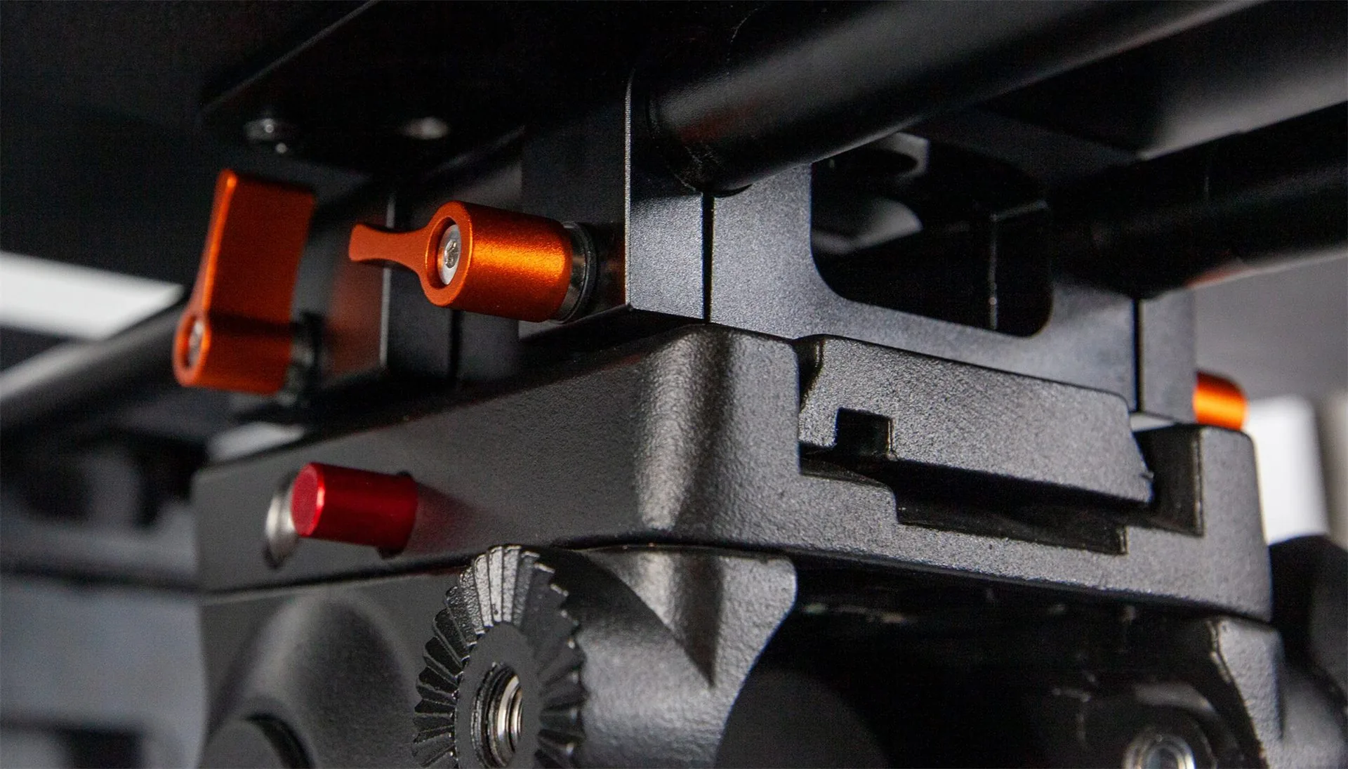 Studio Teleprompter Lite quick-release lever detail on the slide-rail base