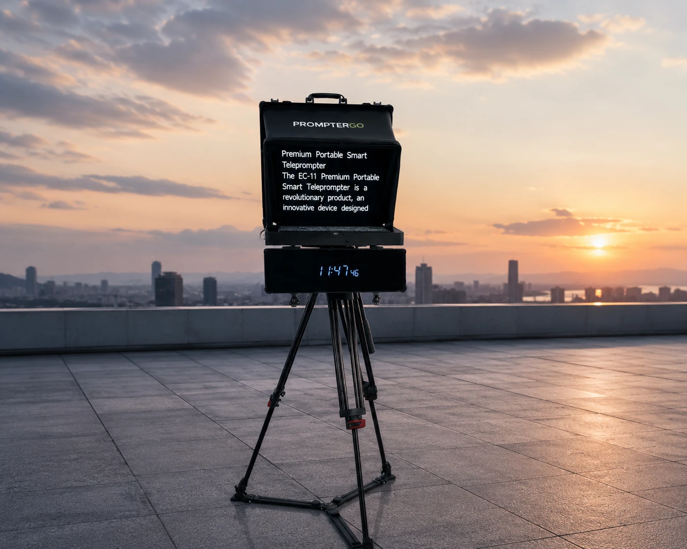 Portable Teleprompter operating outdoors on built-in battery power