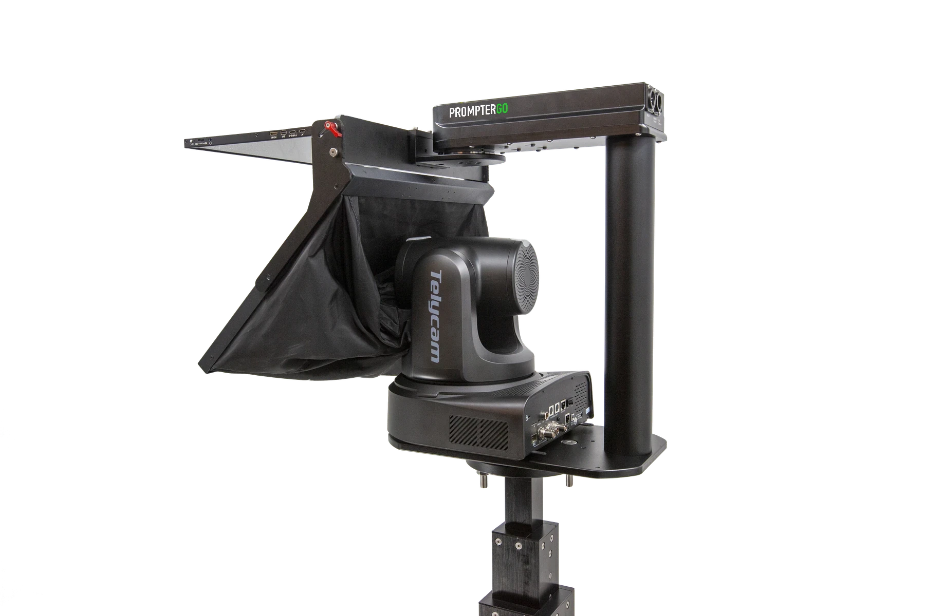 PTZ Teleprompter head and mount assembly that rotates with the camera