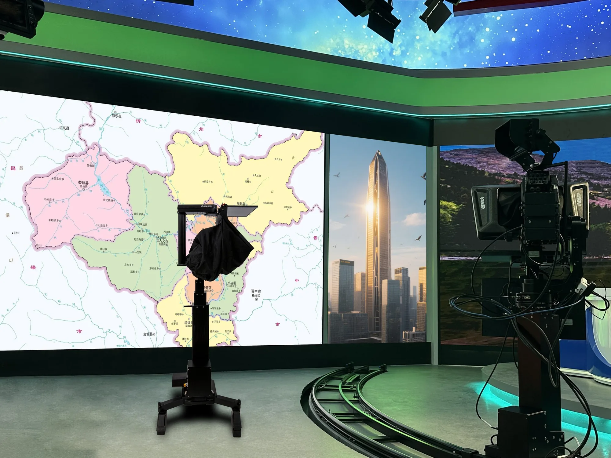 PTZ Teleprompter on a track in front of a large LED map wall in a broadcast studio