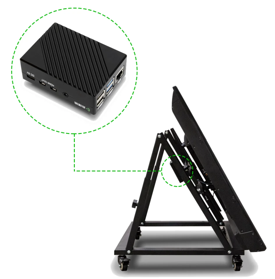 Teleprompter box with HDMI, USB and DC ports, connected to the stand's embedded host