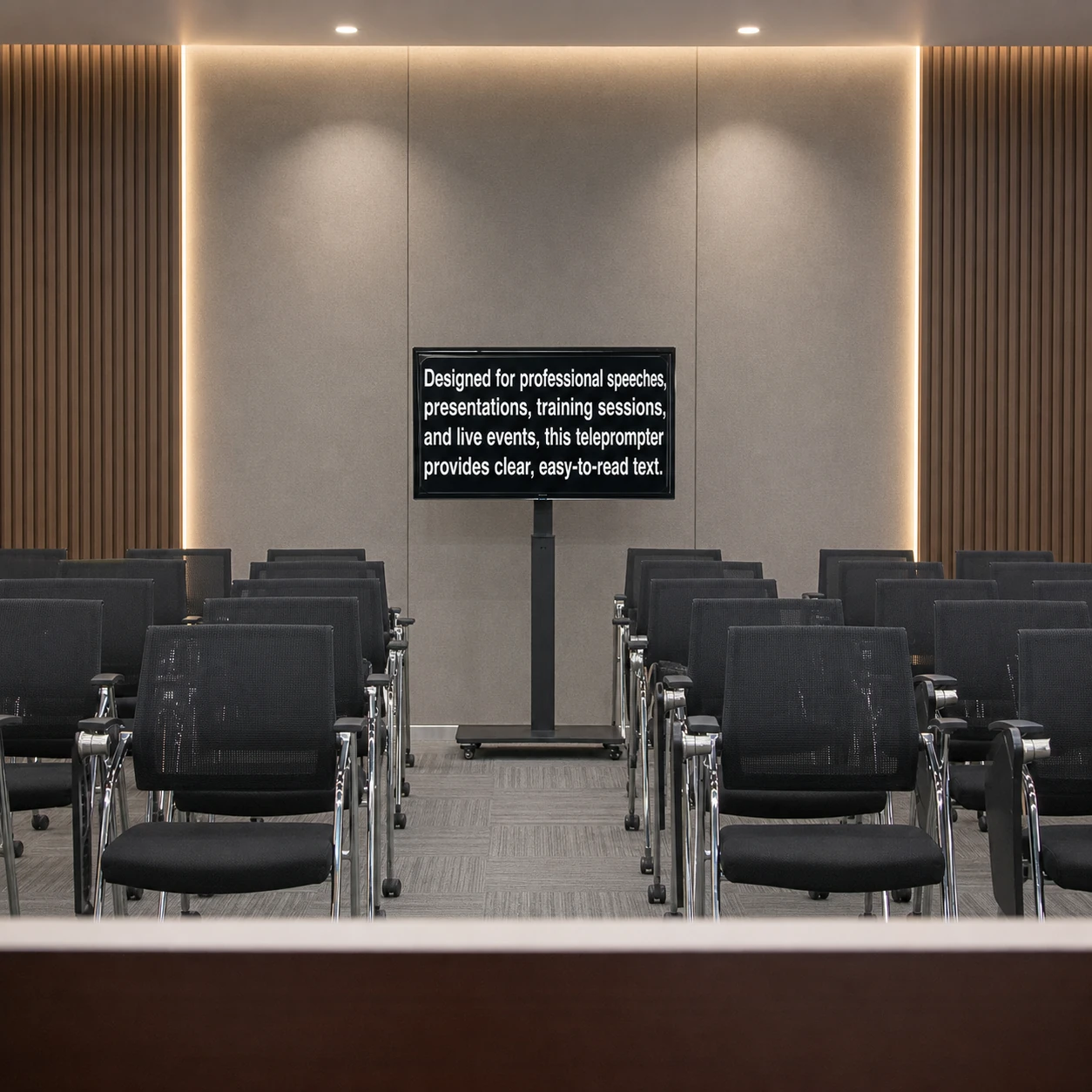 Stage Teleprompter screen set up in a conference hall, readable from rows of seats