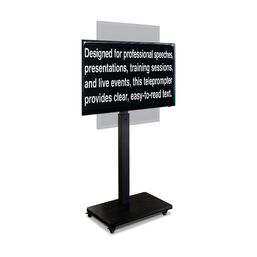 Stage Teleprompter on a rolling lift stand with the screen tilted to the talent's eyeline