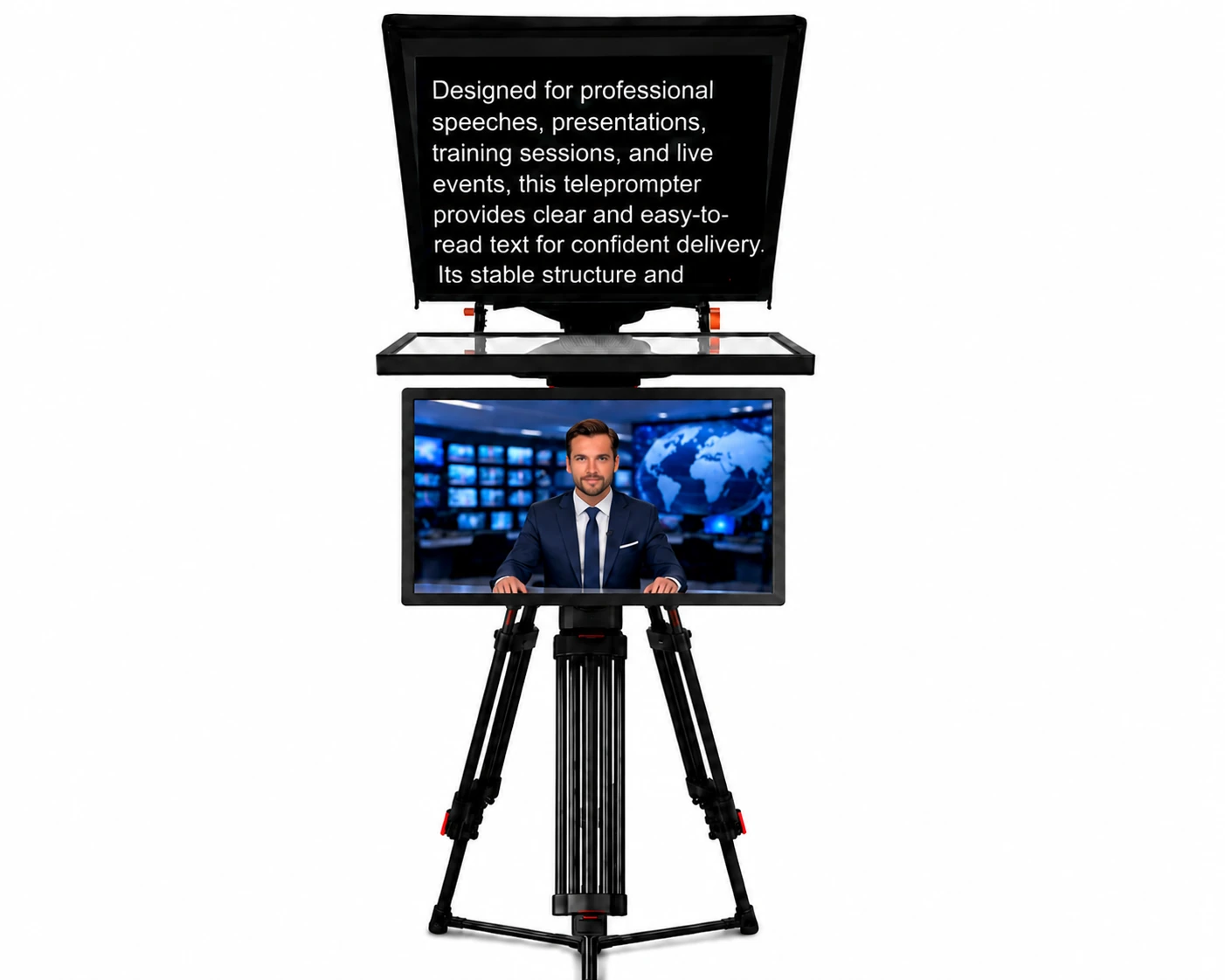 Studio Teleprompter Professional with a talent monitor showing the anchor's on-air picture